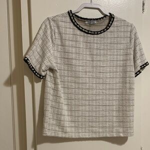 Zara Cream and Black Checkered Short Sleeve Top